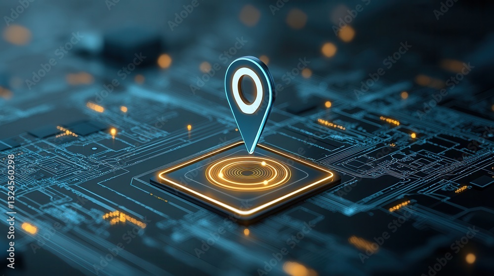 Poster futuristic digital world map with a prominent location indicator showcasing the advanced connectivit