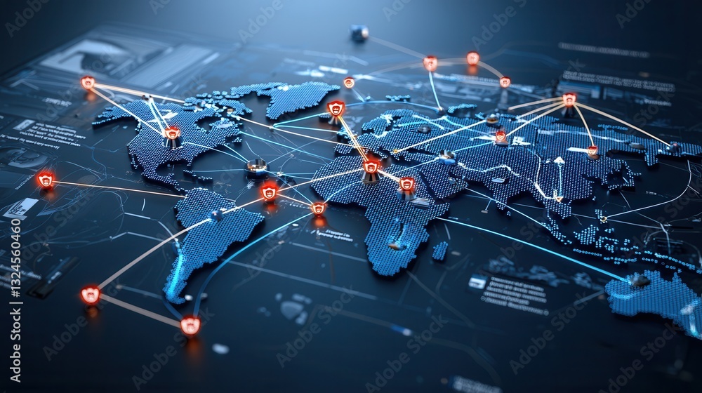 Poster this high tech image showcases a close up view of a marked location on a deep interconnected global 