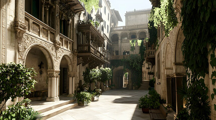 Obraz premium Ornate Architectural Courtyard View with Stone Buildings Greenery Arches and Sunlight in a European City