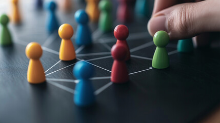 Vibrant corporate hierarchy with colorful human figures linked by lines, showcasing roles and workflow.