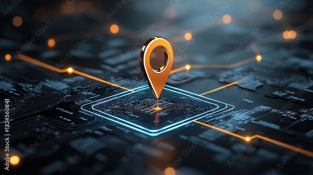 Poster this high tech navigation concept showcases a bright illuminated location indicator on a digital map