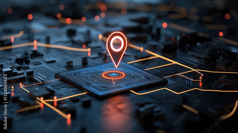 Poster this futuristic high tech image showcases a complex digital navigation system with a bright location