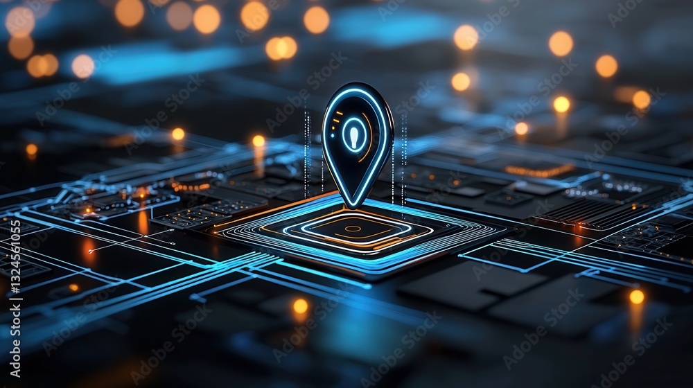 Poster high tech navigation pin hovering over a softly lit urban landscape with a city skyline in the backg