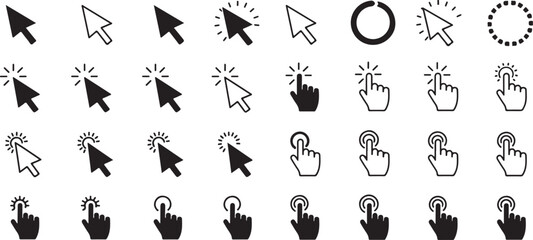 Set of cursor icons click and hand cursor icons click isolated on background. Computer mouse click cursor arrow icons set and loading Clicking cursor, pointing hand clicks icons.
