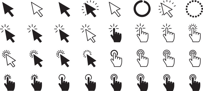Set of cursor icons click and hand cursor icons click isolated on background. Computer mouse click cursor arrow icons set and loading Clicking cursor, pointing hand clicks icons.
