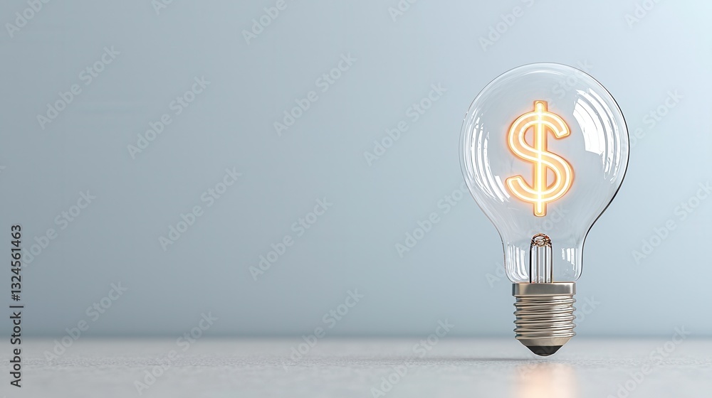 Poster a glowing transparent lightbulb with a floating dollar sign symbol representing the potential for fi