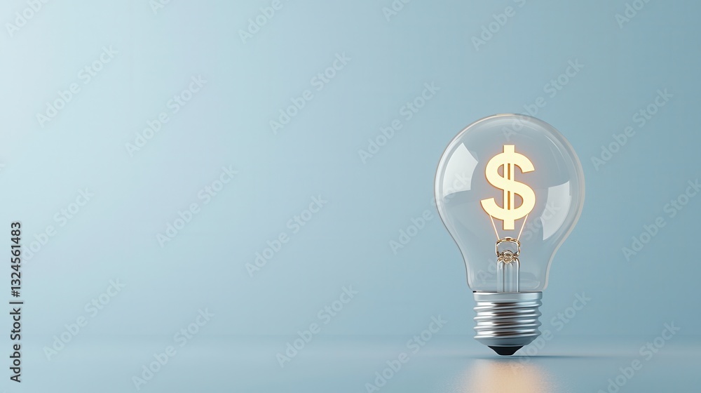 Poster conceptual image of an illuminated 3d lightbulb with a transparent floating dollar sign symbol repre