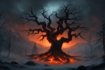 A gothic-style depiction of a tree with blackened branches absorbing smoky air, surrounded by a dark, eerie atmosphere with faint glowing roots purifying the ground