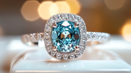 Elegant blue gemstone ring with sparkling diamonds.
