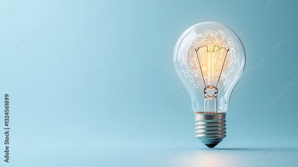 Poster a bright glowing lightbulb positioned against a smooth pastel gradient backdrop symbolizing innovati