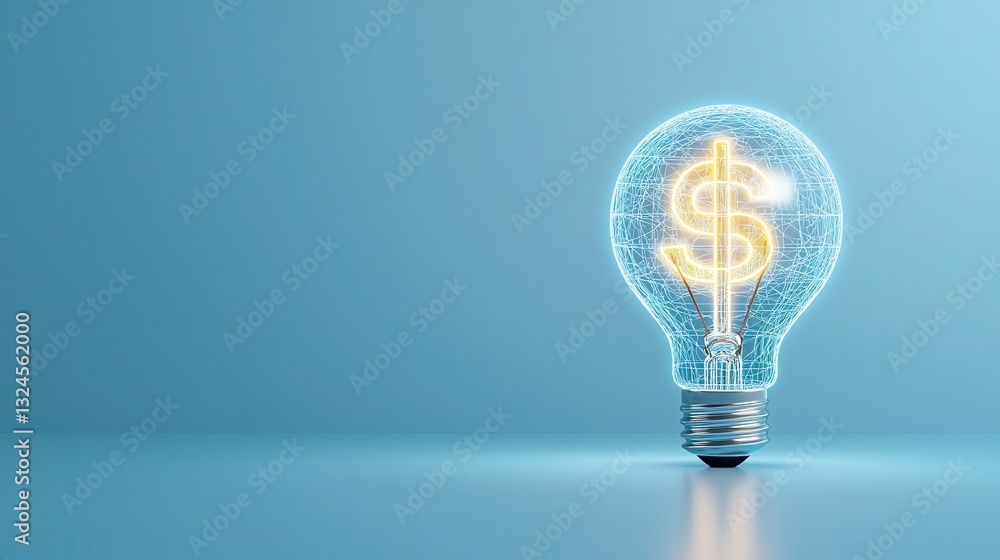 Poster an illuminated lightbulb with a glowing dollar symbol inside positioned against a crisp gradient bac