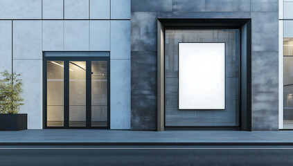 Large empty poster frame mockup on modern building exterior wall near entrance with urban architecture