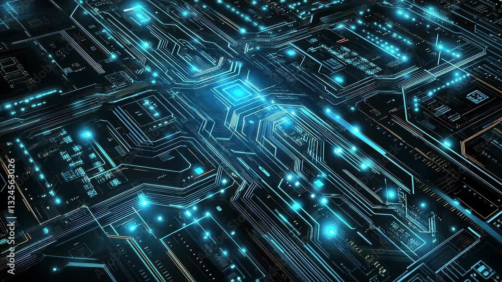 Poster futuristic digital circuit grid with glowing blue pathways and complex network connections