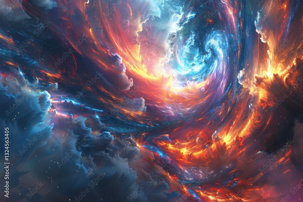 Poster stunning cosmic explosion showcasing vibrant colors and intricate patterns in deep space, creating a