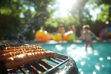 Poolside BBQ Bliss: A sizzling barbecue with grilling sausages in sharp focus, set against the blurred backdrop of a swimming pool and carefree figures enjoying a sunny day.