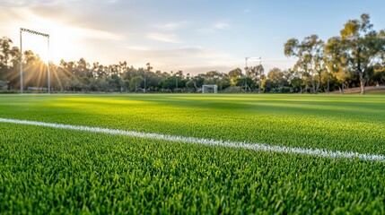A vibrant well maintained sports field with a lush carpet of deep green grass and a clear open view in the distance perfect for various athletic activities and recreation