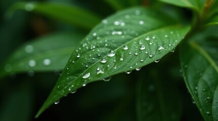 Peaceful water droplets resting on green leaf in garden