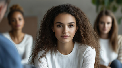 Obraz premium Thoughtful girl in focus at a therapy session, group in sleek setting.