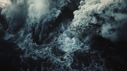 Fototapeta premium Aerial view of turbulent ocean waves and dark clouds, evoking a dramatic natural scene.