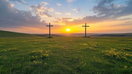 Obraz premium Majestic towering crosses silhouetted against a breathtaking golden sunset casting a serene and spiritual ambiance over the peaceful countryside landscape