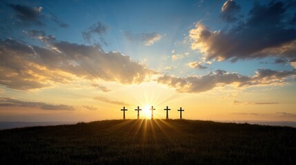 Obraz premium Silhouetted crosses stand tall and majestic against a breathtaking golden sunset symbolizing faith spirituality and the tranquil beauty of the natural world