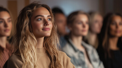 Fototapeta premium Engaged girl listening at a seminar, group in a stylish room.
