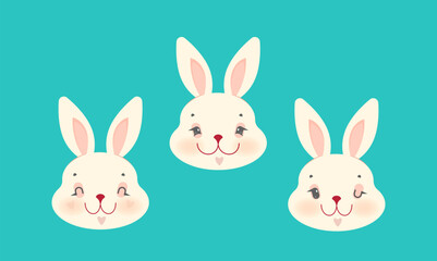Cute bunny faces on turquoise background. Vector illustration