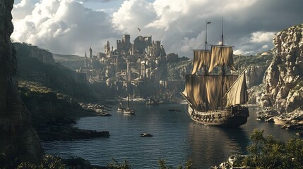 Naklejka premium Majestic Medieval Cityscape with Sailing Ships