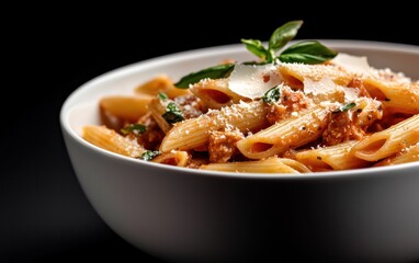 Penne Pasta with Tomato Sauce and Parmesan in White Bowl