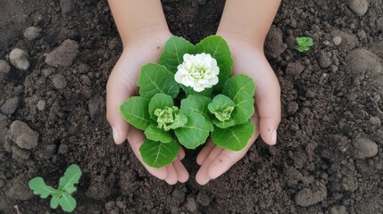 Closeup view of hands of gardener working in field planting flowers.