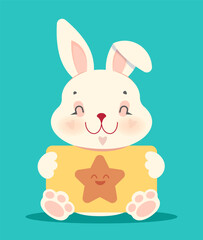 Cute bunny holding a yellow card. Vector illustration