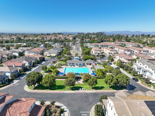 Aerial view of middle class community identical condominium apartment, Oceanside, South California,...