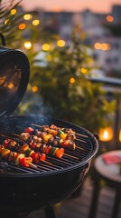 Twilight BBQ: A tantalizing BBQ scene unfolds at dusk, with skewers of colorful grilled delicacies sizzling over the hot grill, creating a tempting culinary moment.