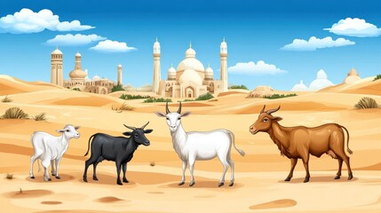 Four Cattle Stand In The Desert With A Building Complex