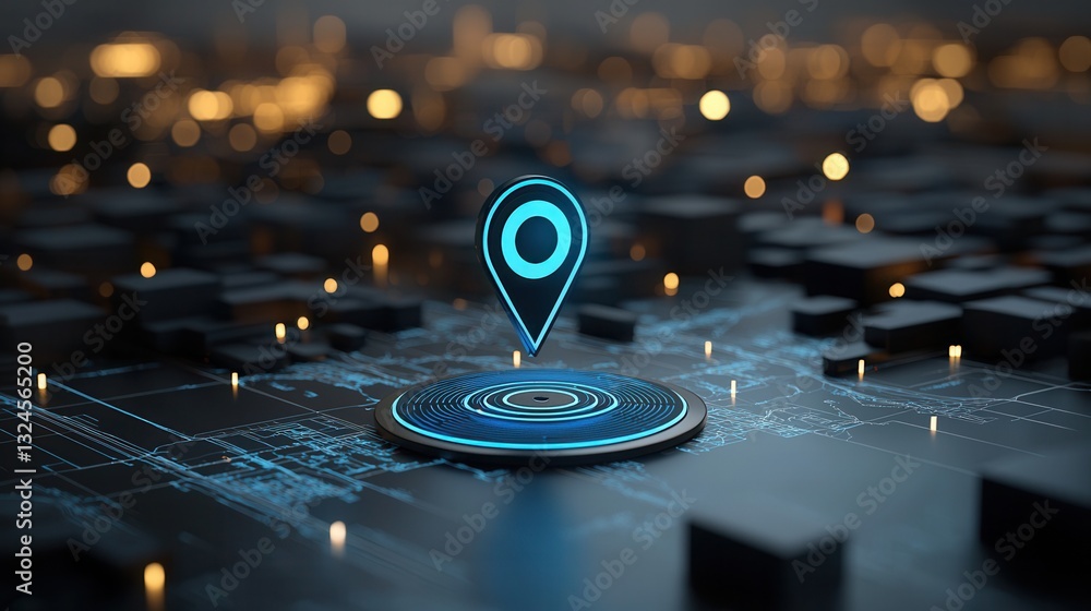 Poster this image showcases a futuristic glowing navigation pin against a backdrop of a digital world map
