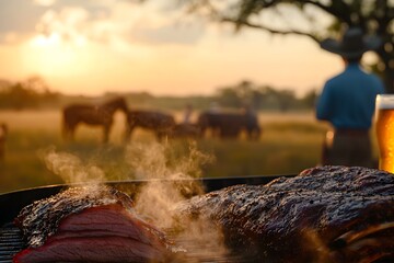 Fototapeta premium Sunset BBQ with Cowboy: A sizzling barbecue under the warm sunset, capturing the essence of outdoor cooking and cowboy lifestyle, featuring a cowboy in the backdrop with his horses.