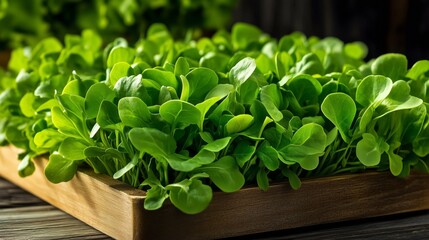 Fresh Greens Bounty: A vibrant close-up showcases a wooden crate overflowing with lush, fresh, green leafy greens. It embodies the essence of health and vitality.