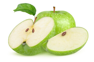 Green apples with leaf on isolated white background. Whole, half and slice with seeds. 3 fruits.