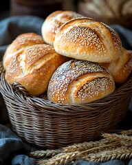 Artisanal bread loaves in wicker basket with harvest wheat for organic bakery branding – Generative AI