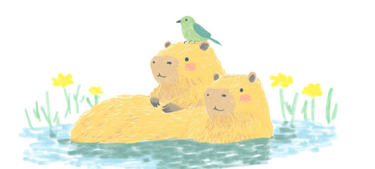 Cute watercolor illustration of capybaras relaxing on a rock in a pond with a small bird, concept of friendship and tranquility in nature