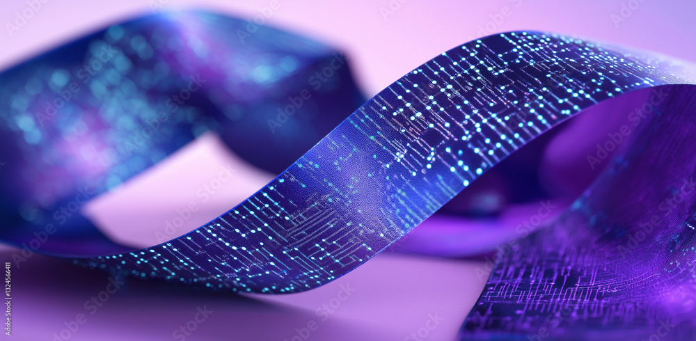 Poster blue ribbon with digital patterns – ai & blockchain in banking and nature, flowing data effect, bina