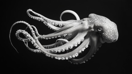 Obraz premium A large squid with flowing tentacles swimming in the deep ocean. 