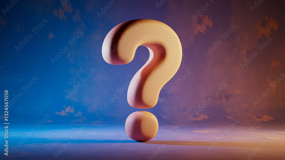 Poster peach-colored large question mark, textured surface, stands against a blue and orange gradient backg