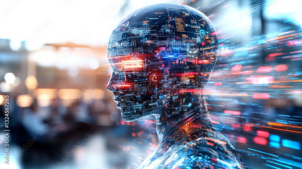 Poster futuristic digital figure illuminated with vibrant data streams in an advanced technology setting