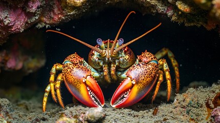 A lobster hiding inside a crevice on the ocean floor. 