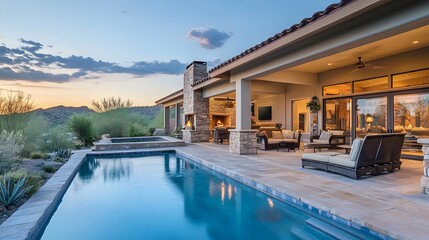Fototapeta premium Luxury Desert Home with Pool and Outdoor Living Area