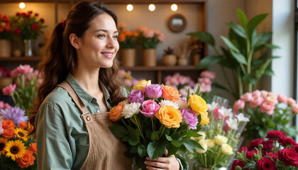Smiling florist woman holding a beautiful bouquet in a flower shop filled with blooms