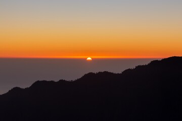 Sunset over Atlantic Ocean Panoramic Landscape Caldera de Taburiente National Park Volcano Mountain Peak Roque de los Muchachos Canary Islands Spain