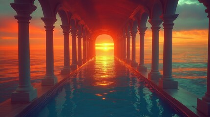 Sunset Over Ocean Through Colonnaded Pathway