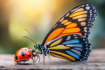A ladybug wandering on a colorful butterfly wing, with intricate details of both insects highlighted